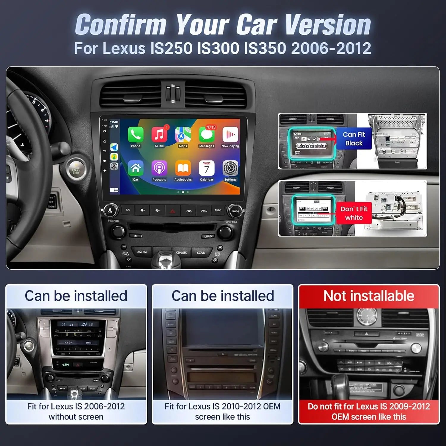 Lexus is350 250 2006-2011 Apple carplay/Android auto unit. GPS Multimedia Stereo Wifi 10Inch 2din Touch Screen