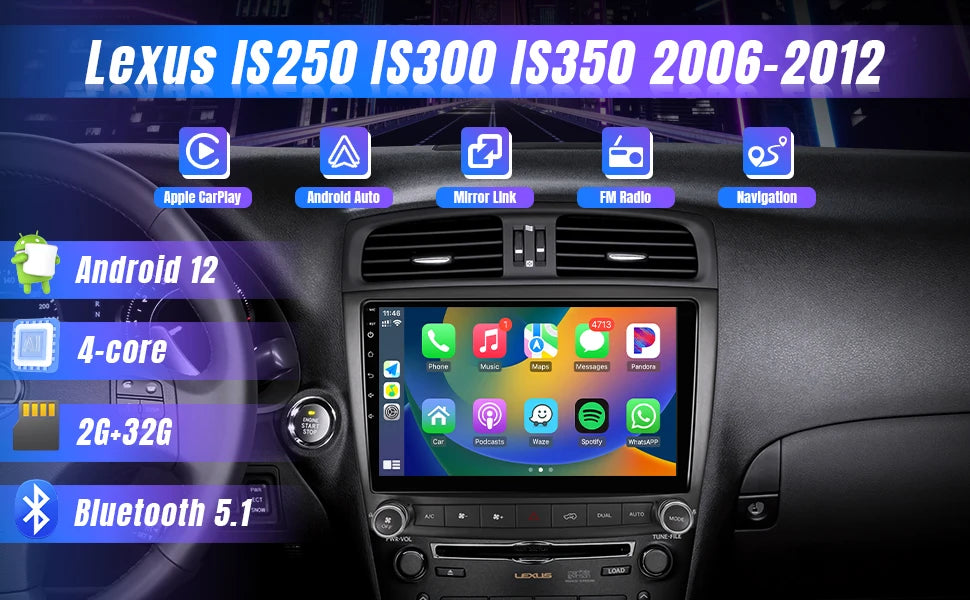 Lexus is350 250 2006-2011 Apple carplay/Android auto unit. GPS Multimedia Stereo Wifi 10Inch 2din Touch Screen